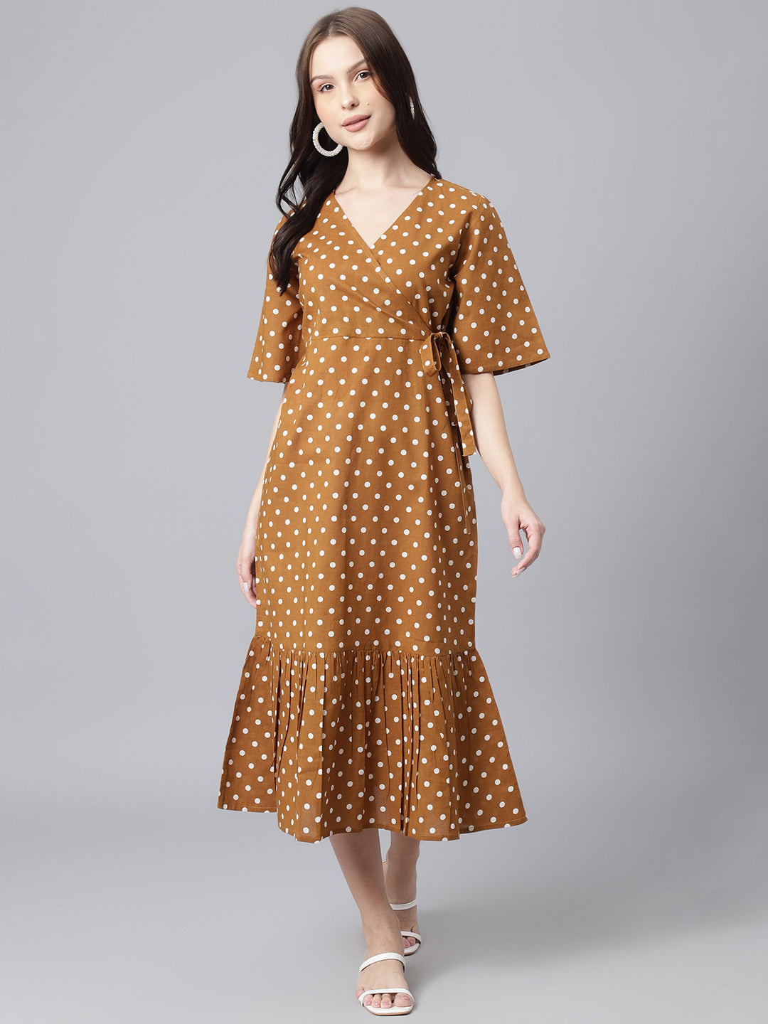 Mustard Polka A-Line Midi Dress