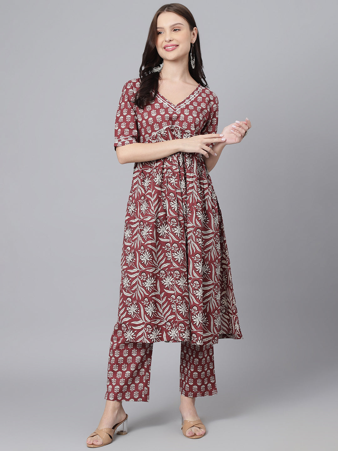 Maroon Floral Aline Kurta Pant Set