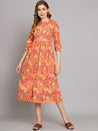 Peach Floral Cotton Flared Dress - Decked Up