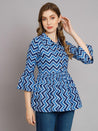 Breezy Chevron Indigo cotton shirt collar Gather Top - Decked Up