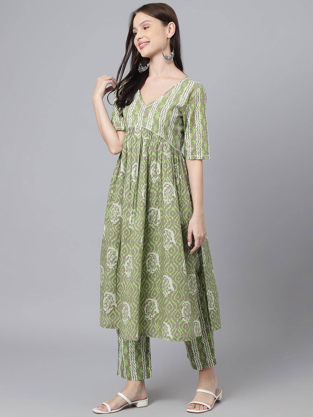 Green White Printed High Slit Kurta