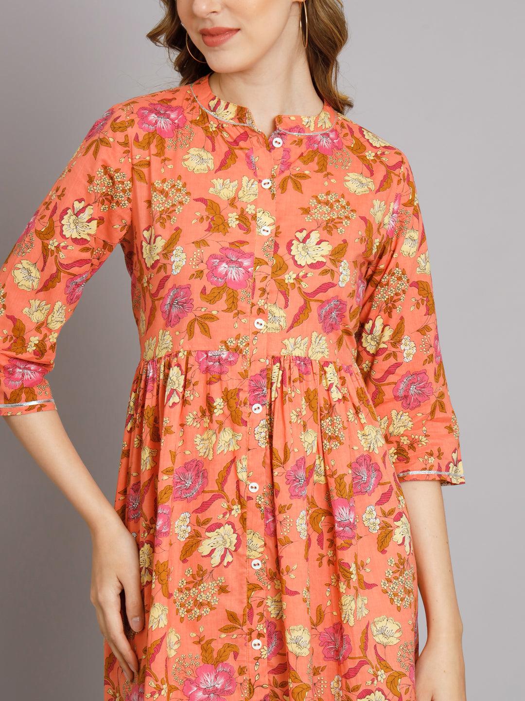 Peach Floral Cotton Flared Dress - Decked Up