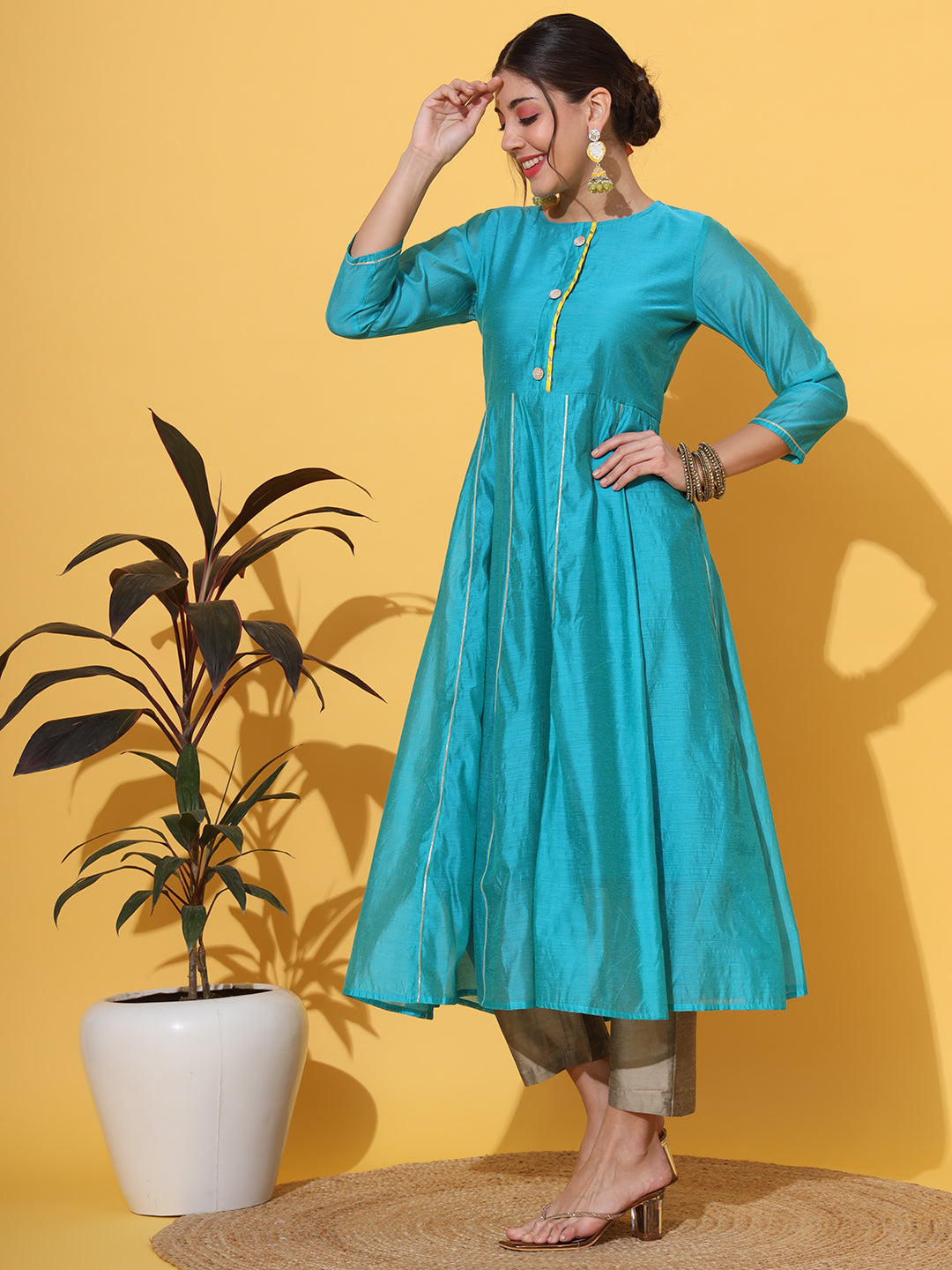 Turquoise Anarkali Kurta Pant Set