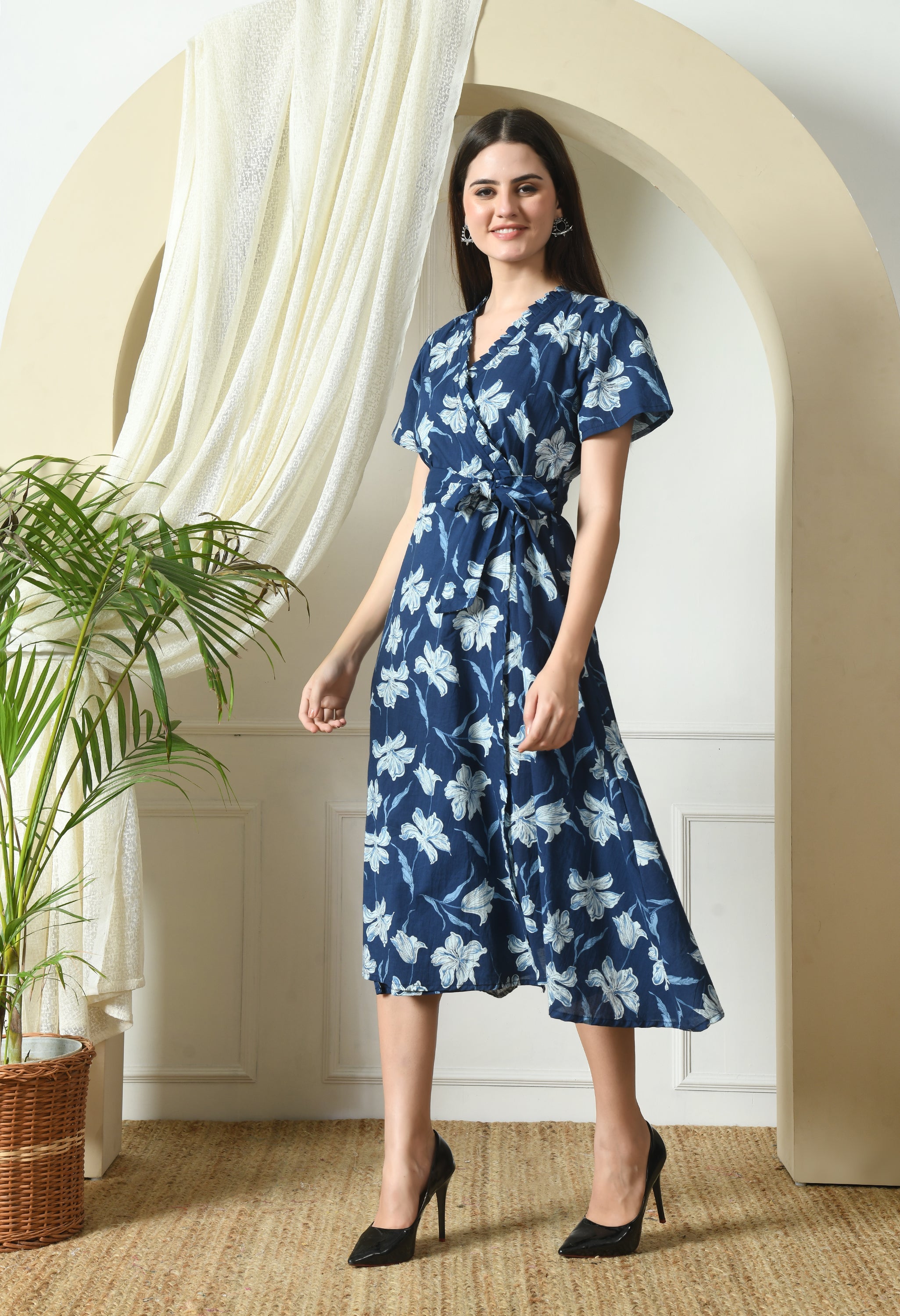 Indigo Floral Wrap Dress