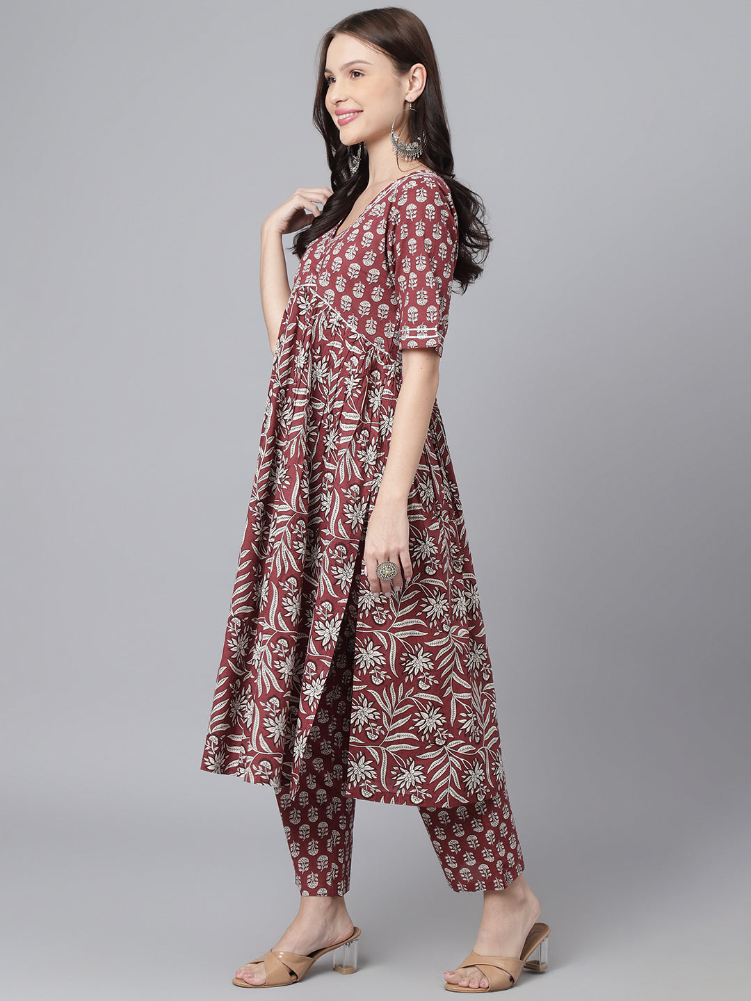 Maroon Floral Aline Kurta Pant Set