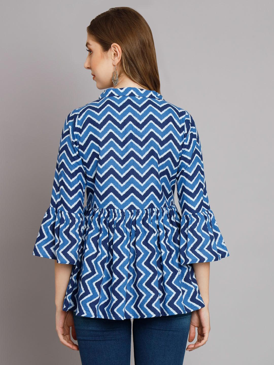 Breezy Chevron Indigo cotton shirt collar Gather Top - Decked Up