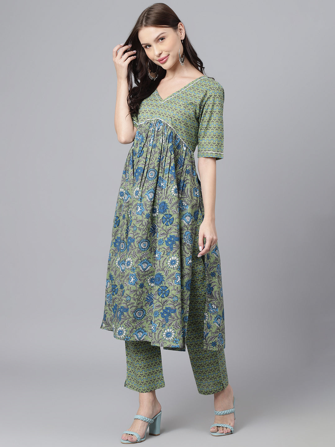 Green Blue Floral Aline Kurta Pant Set