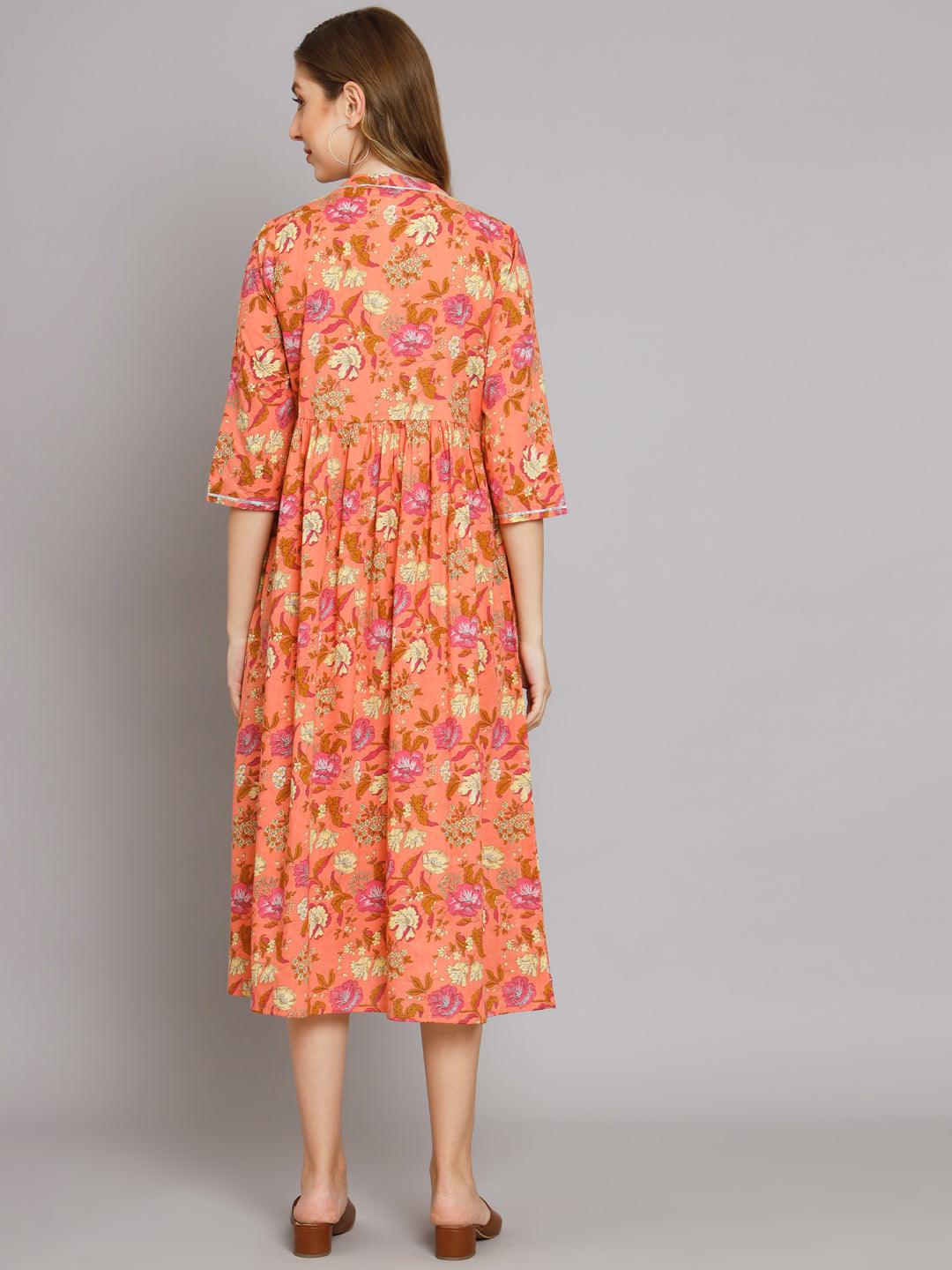 Peach Floral Cotton Flared Dress - Decked Up