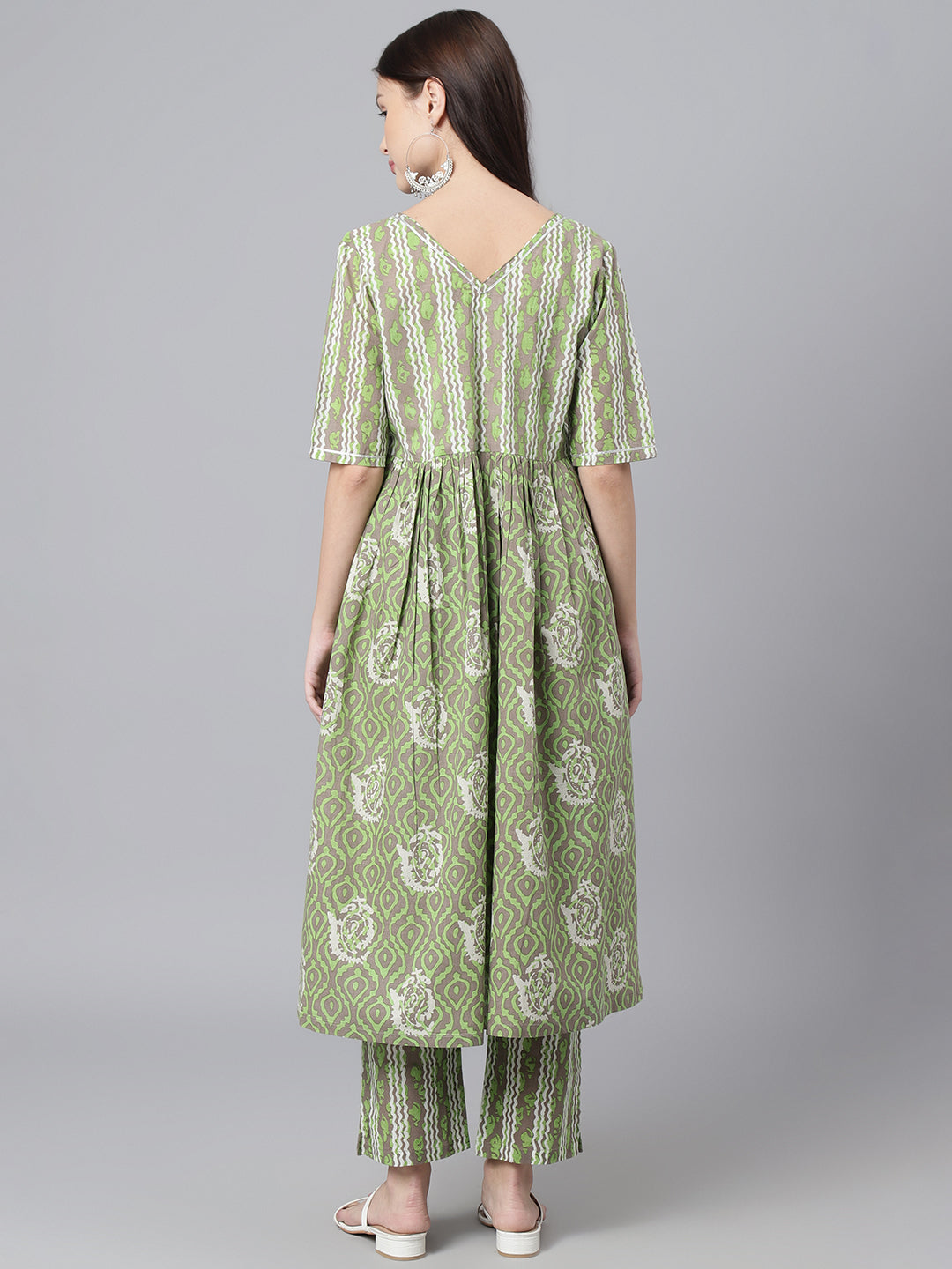 Green White Printed High Slit Kurta