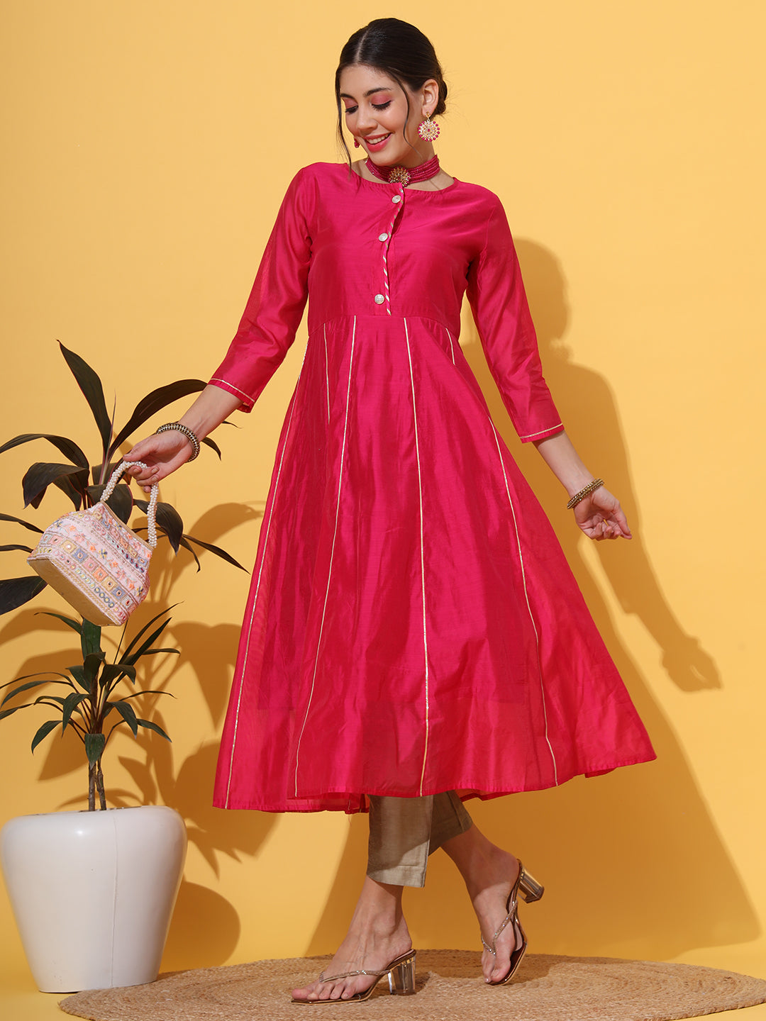 Magenta Anarkali Gotta Kurta Pant Set