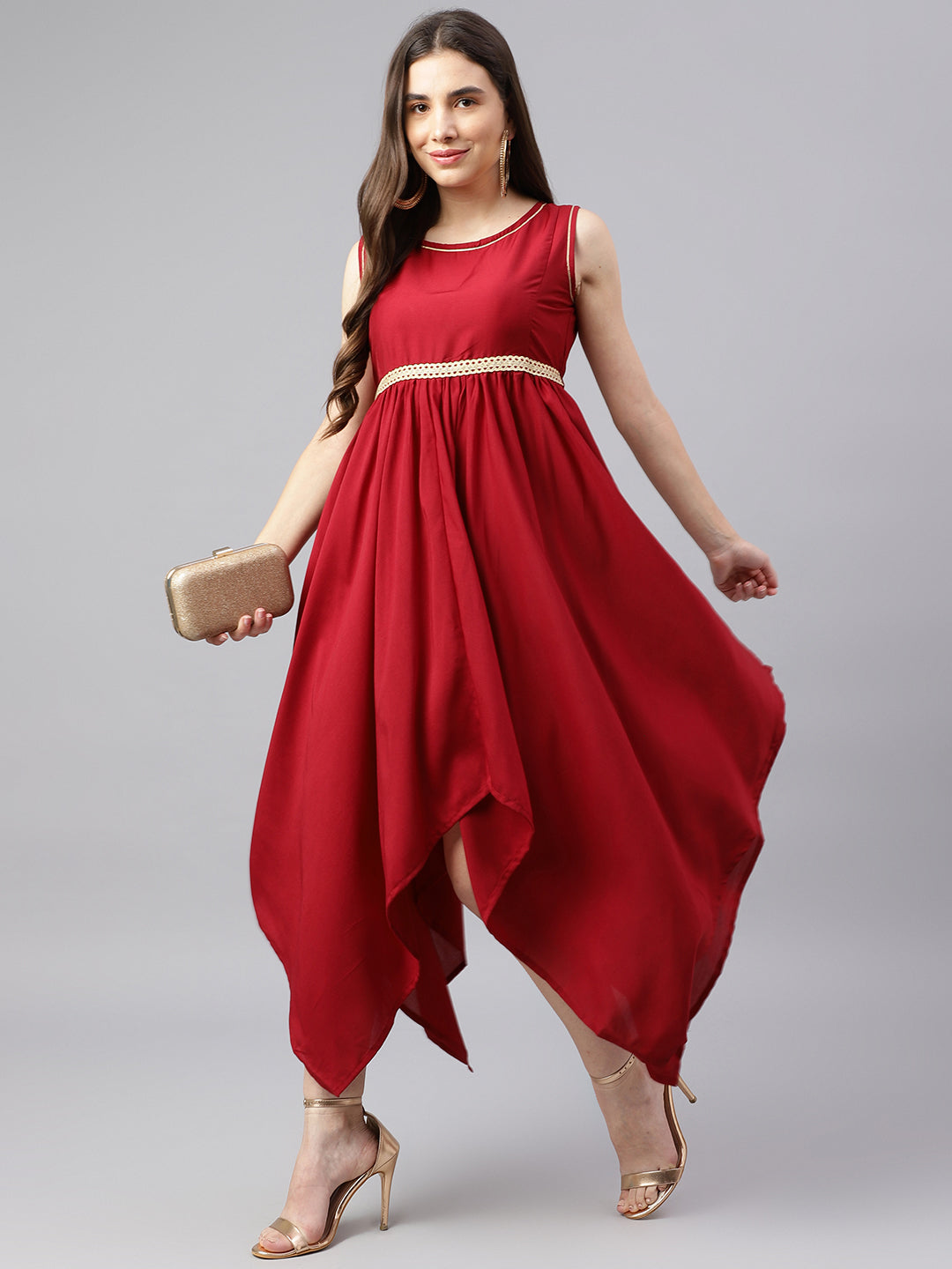 Maroon Ethnic Asymmetric Dress With Belt