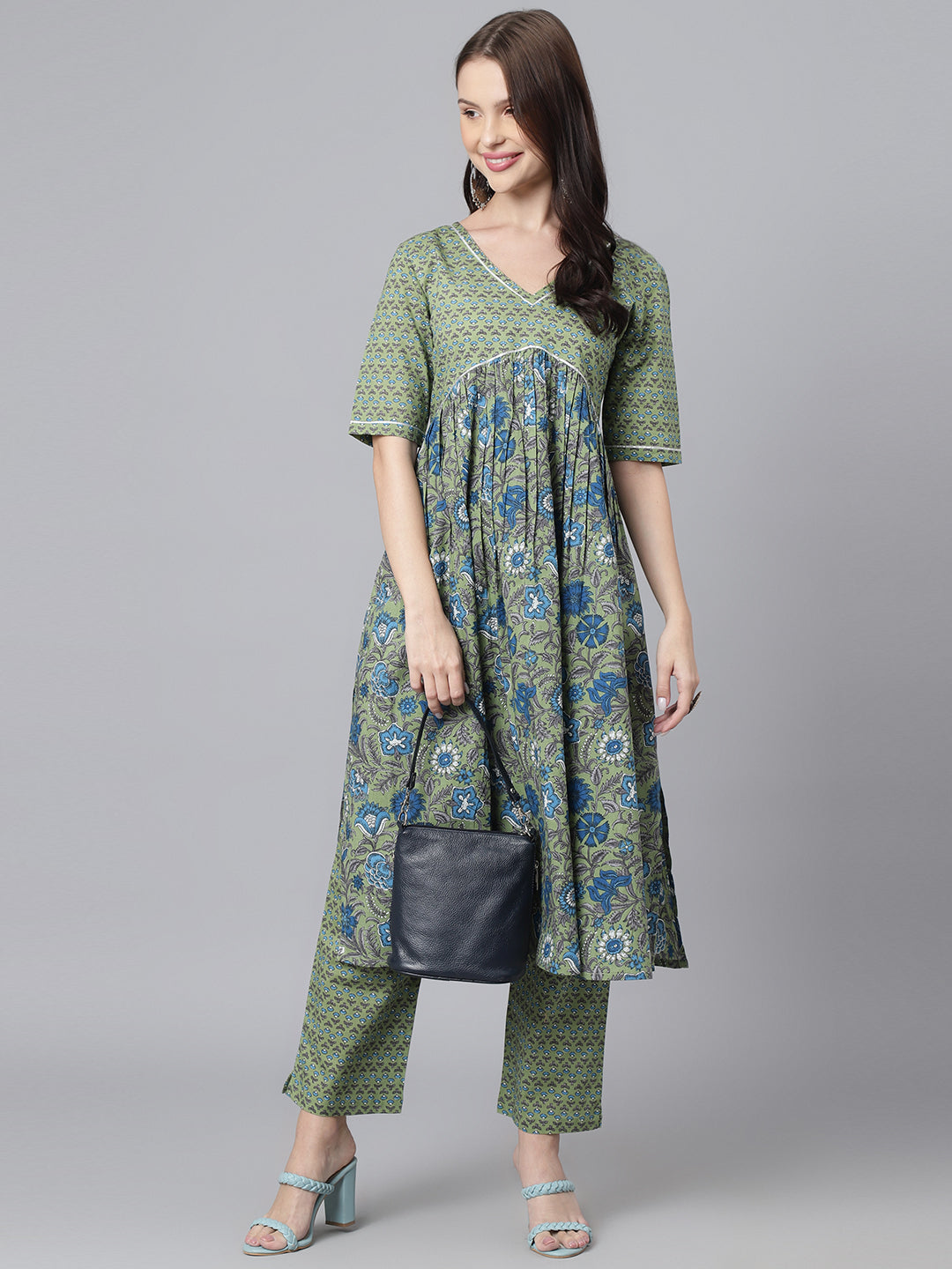 Green Blue Floral Aline Kurta Pant Set