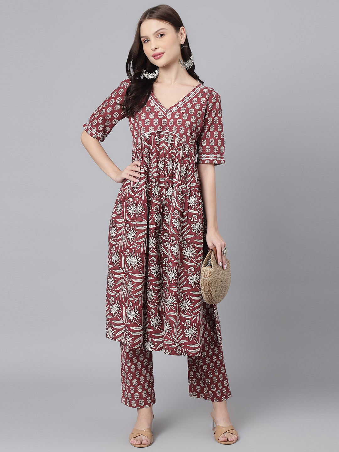 Maroon Floral Aline Kurta Pant Set