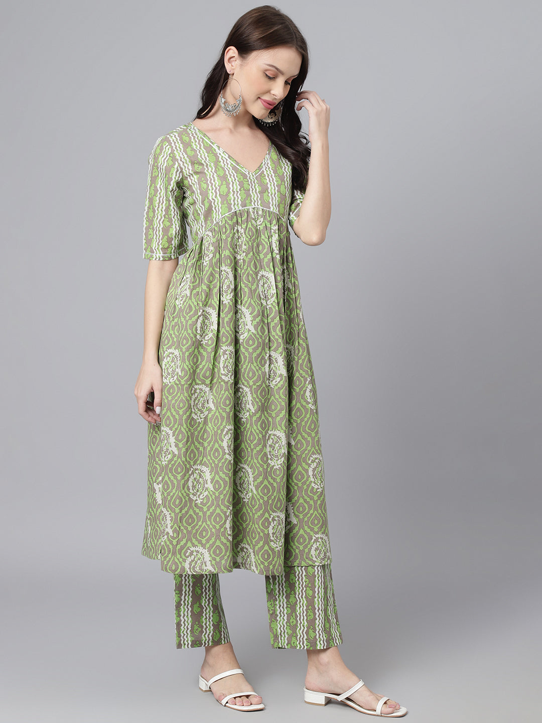 Green White Printed High Slit Kurta