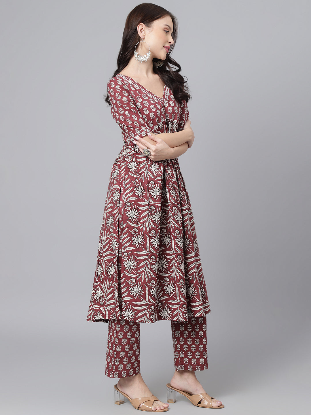 Maroon Floral Aline Kurta Pant Set