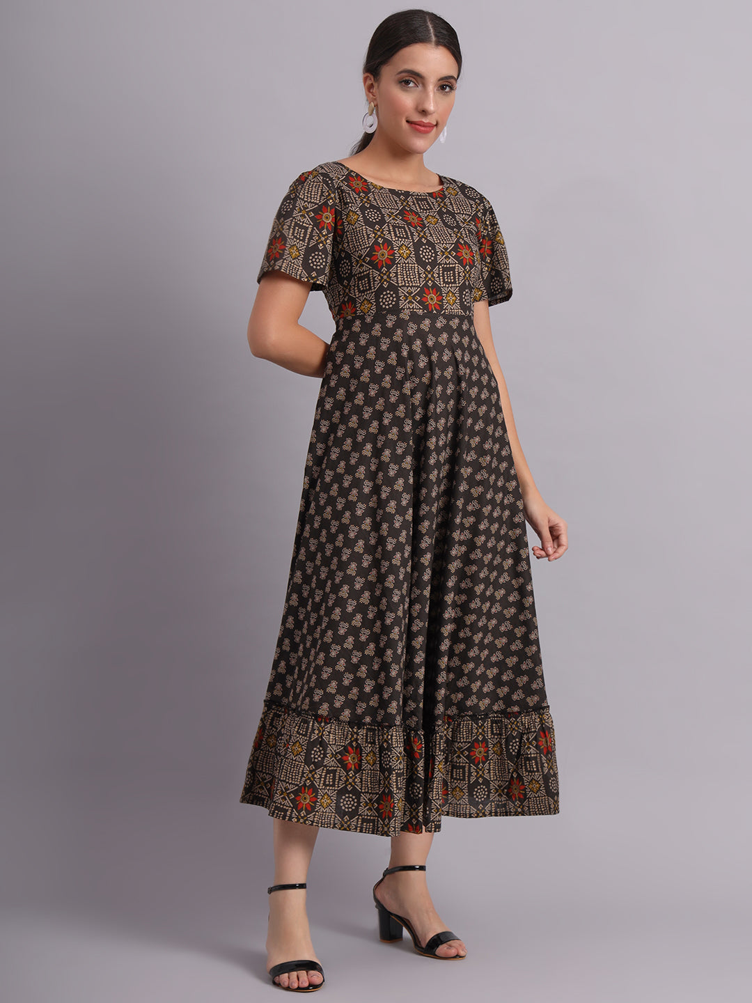 Black Cotton Printed Flared Dress