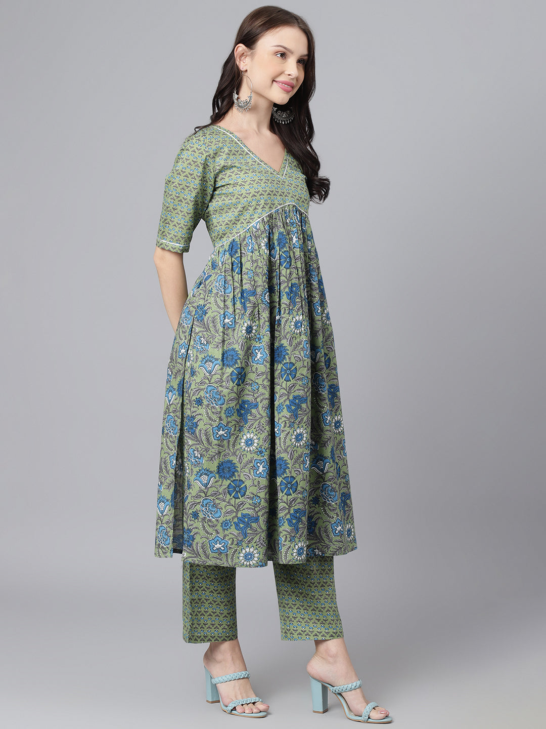 Green Floral Printed V Neck A-Line Kurta