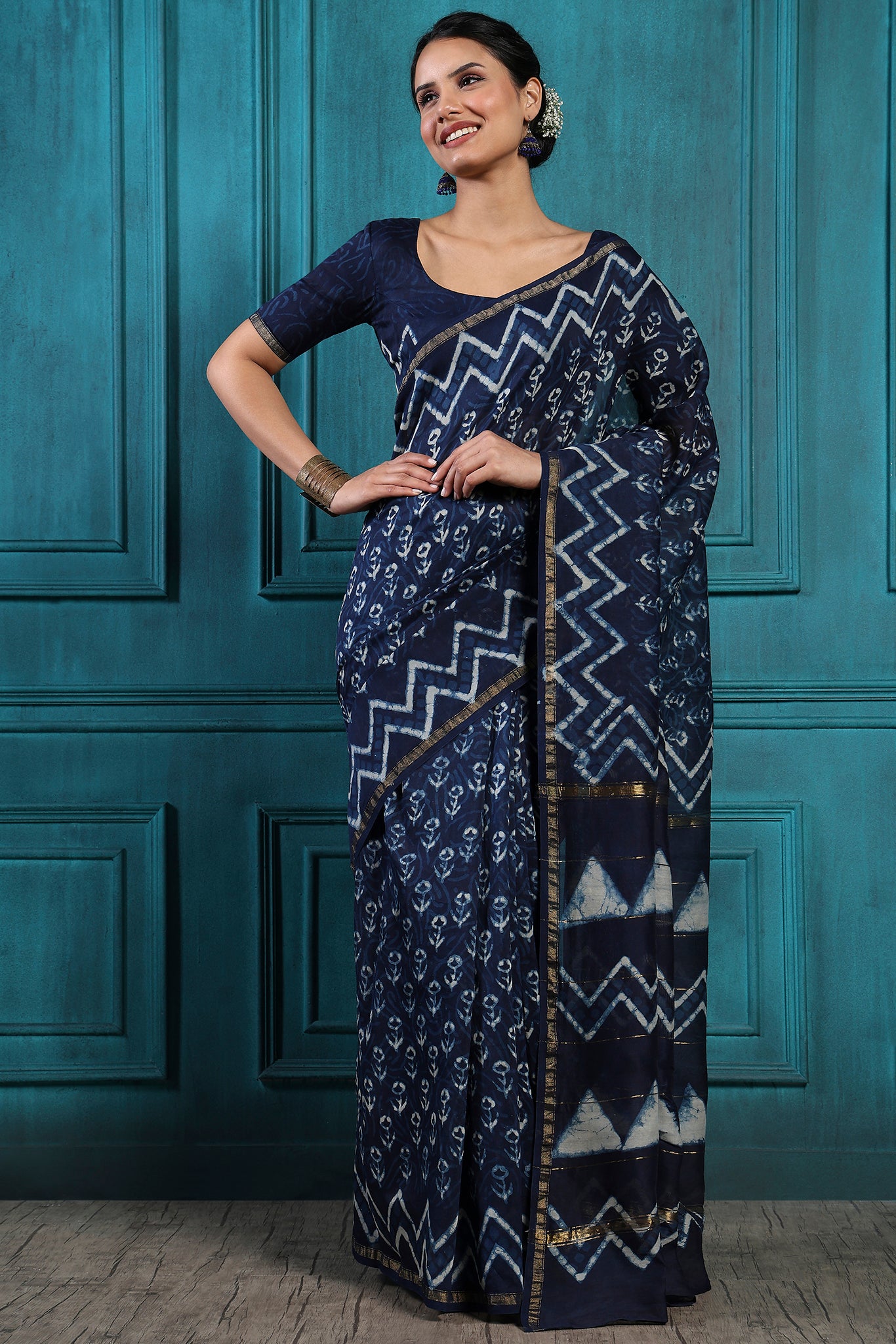 Blue Tealish Handblock Printed Chanderi Saree - House of Ayuda