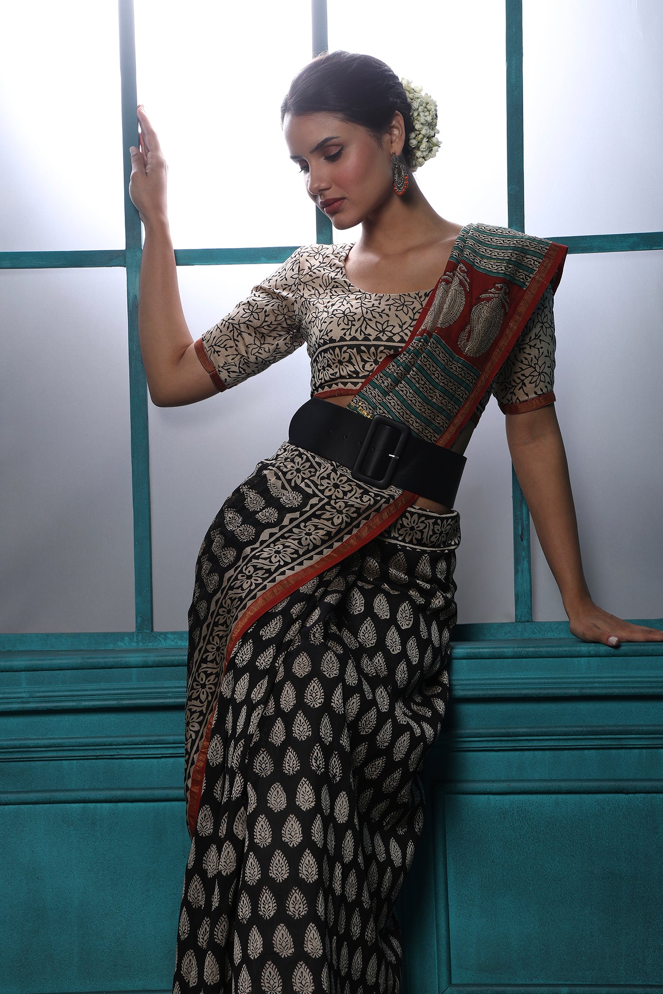 Woodsmoke Handblock Printed Chanderi Saree - House of Ayuda