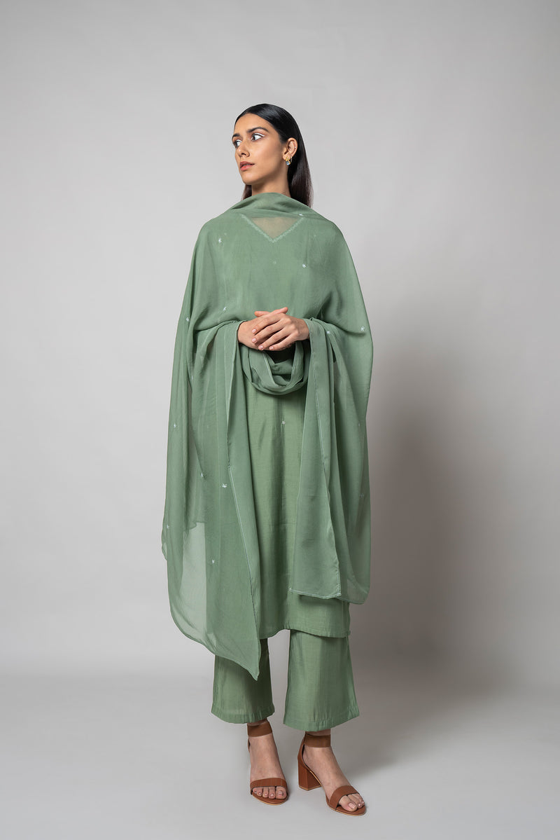 Spanish Green Hand Embroidered-Silk Kurta Set - House of Ayuda