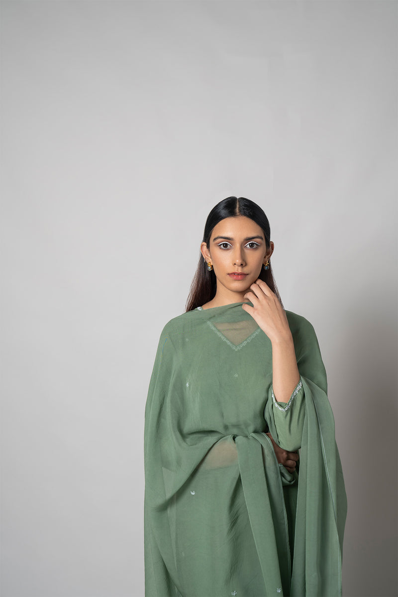 Spanish Green Hand Embroidered-Silk Kurta Set - House of Ayuda