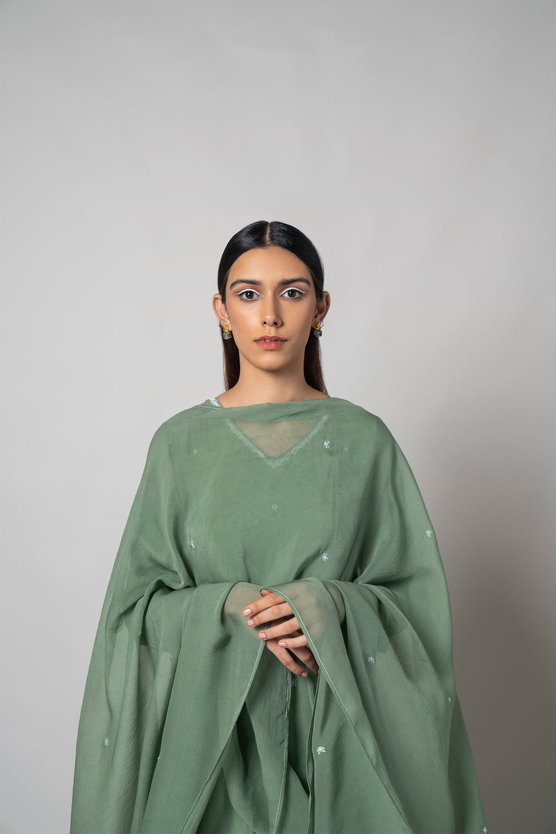 Spanish Green Hand Embroidered-Silk Kurta Set - House of Ayuda