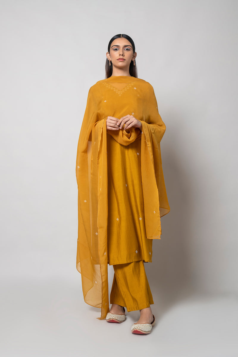 Satin Sheen Gold Silk Kurta Set - House of Ayuda